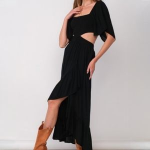 Solid 1/2 Sleeve Smoked Body Open Side High-Low Skirt Midi Dress
